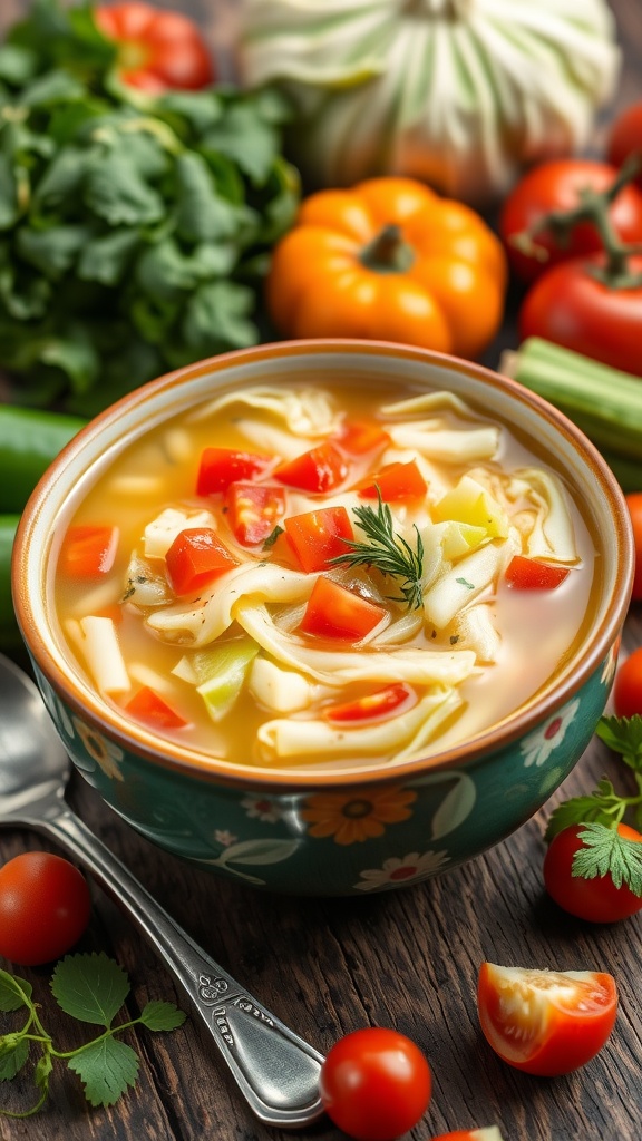 A nutritious bowl of cabbage soup with fresh vegetables, set on a wooden table with fruits and herbs.